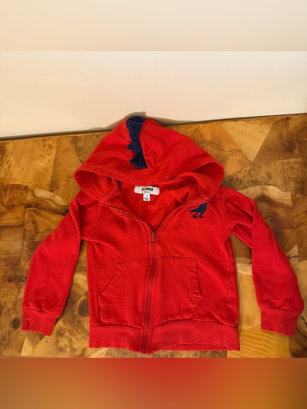 Kids Red Dinosaur Zip-Up Hoodie Size 4 Copper Denim Fall